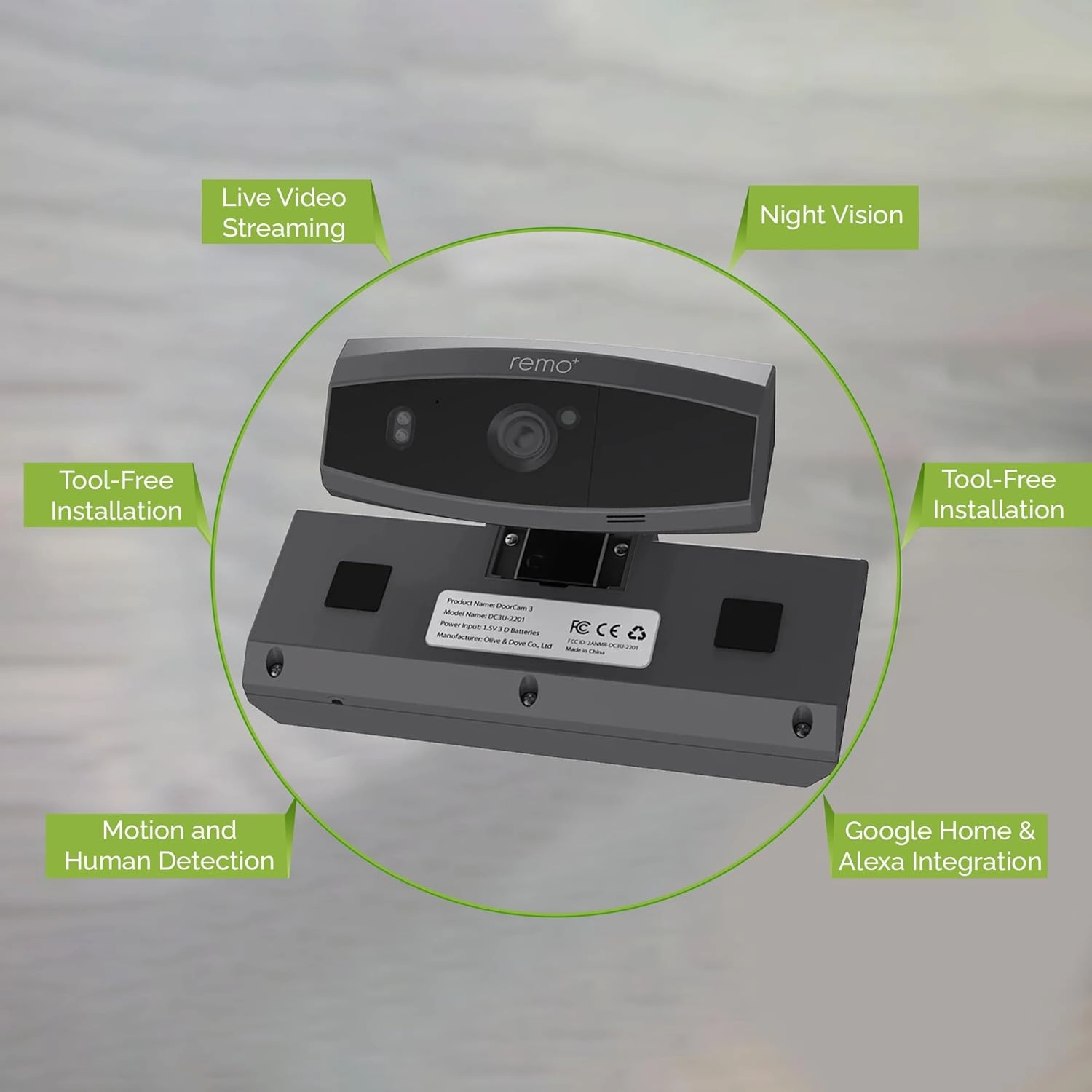 Remo  DoorCam 3 Over-The-Door Wireless Security Camera, 3-Day Rolling Video Storage with No Subscription, 1080p Video, Night Vision, 2-Way Talk, AI with Human Detection & Alexa Compatibility