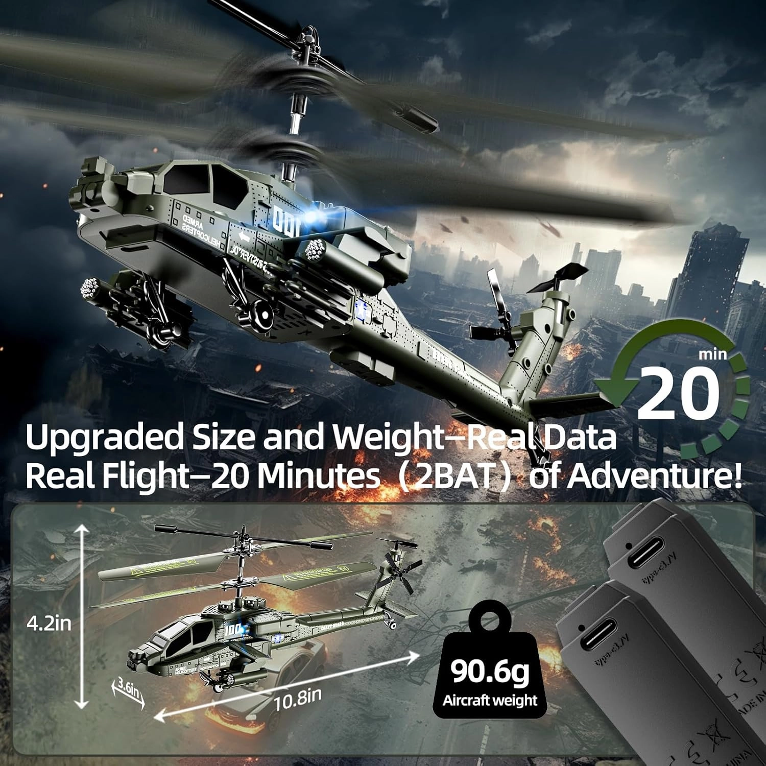 Remote Control Military Flying Helicopter Toy, 2.4GHz, 3.5 Channels Helicopter with Gyro & LED Light, Altitude Hold, RC Helicopters for Kids Adults Beginner (Green)