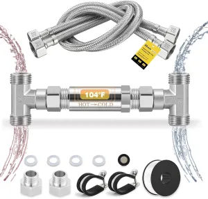 Replacement 304 Stainless Steel Sensor Valve Kit for Instant Hot Water Recirculating Pump System Includes a Bridge Valve, 2×20-Inch PEX Supply Lines Compatible With 500800, 500805