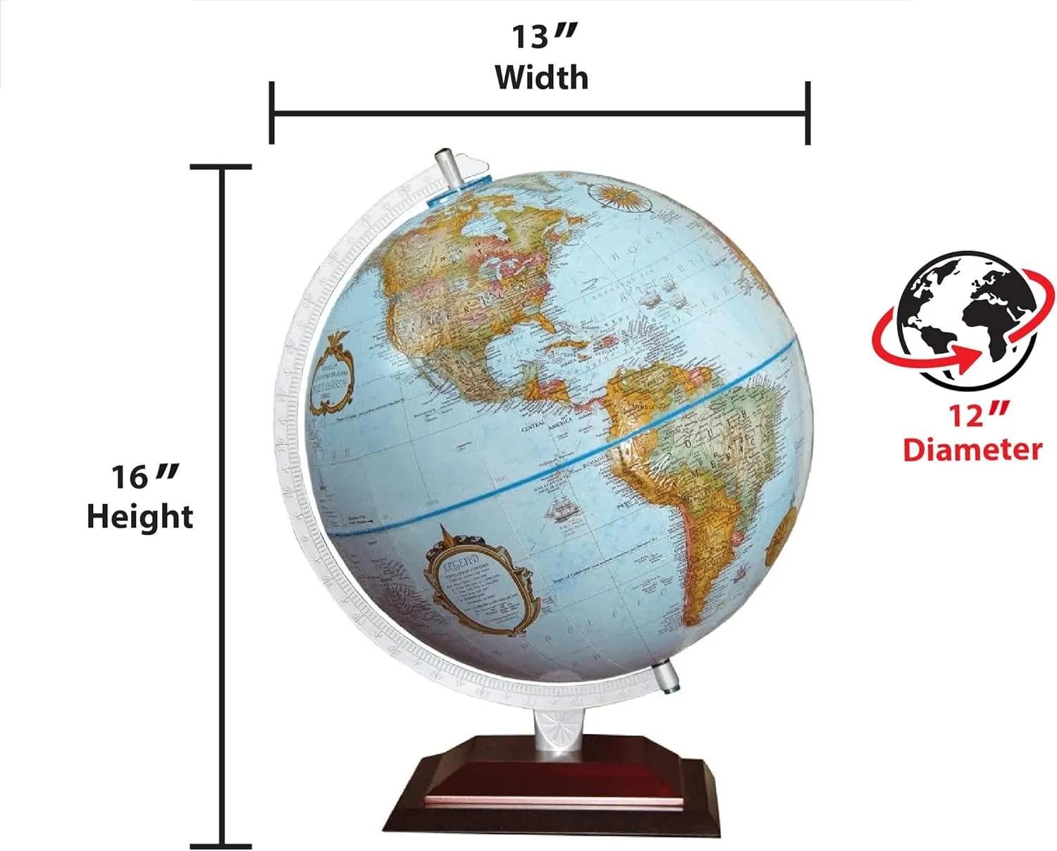 Replogle Aragon Globe, 12" Desktop World Globe, Raised Relief, Up-to-date Cartography, Smart Intelli-enabled World Map, Made in the USA, Blue