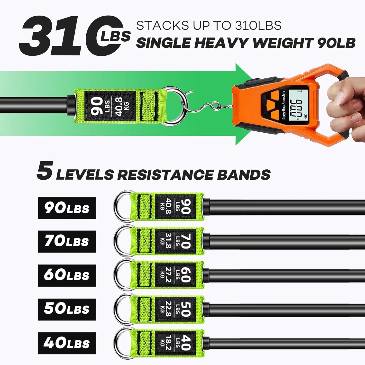 Resistance Bands, Heavy Duty Exercise Bands for Working Out, Green Workout Bands with Handles, Stretch Band for Men, Fitness Bands for Home Workouts, Muscle Training, Strength, Slim, Yoga