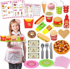 Restaurant Server Play Toys Set for Kids Age 3-8, Role Play Set with Girls Server Dress-Up Costume, Play Food, Play Money, Menu for Kids Play Kitchen,Pretend Restaurant Playset for Kids
