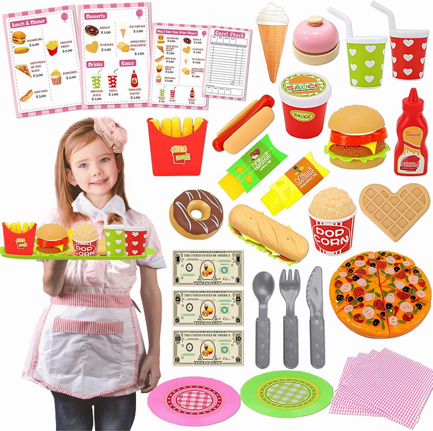 Restaurant Server Play Toys Set for Kids Age 3-8, Role Play Set with Girls Server Dress-Up Costume, Play Food, Play Money, Menu for Kids Play Kitchen,Pretend Restaurant Playset for Kids