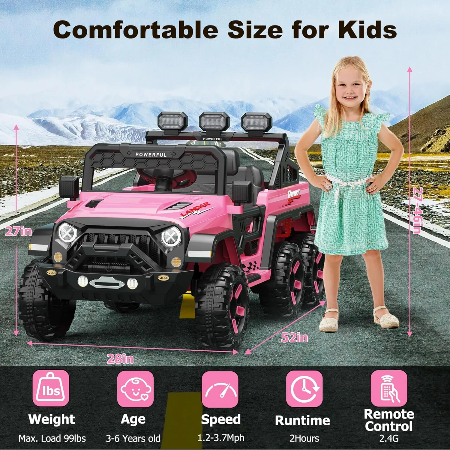 Ride on Car with 6 EVA Wheels&4WD, 24V Battery Powered Electric Car for Kids, Electric Vehicle with Remote Control, 3 Adjustable Speeds, Soft Start, Battery Display, Music, Pink