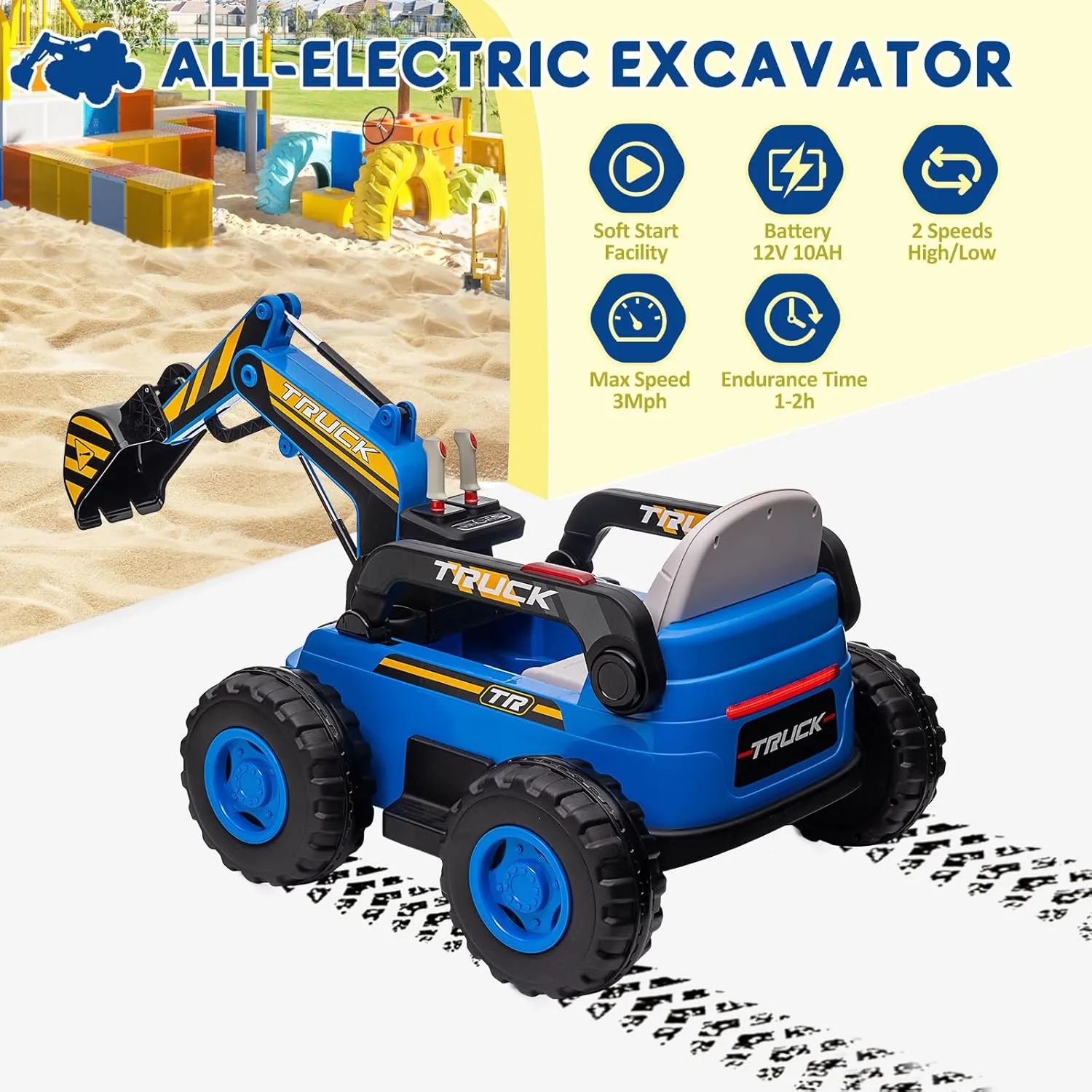 Ride On Excavator for Kids, 12V Electric Excavator Toy, 4WD Kids Ride on Car, Power Wheel with Remote Control, Battery Powered Sand Digger with Spring Suspension, Bluetooth, Blue