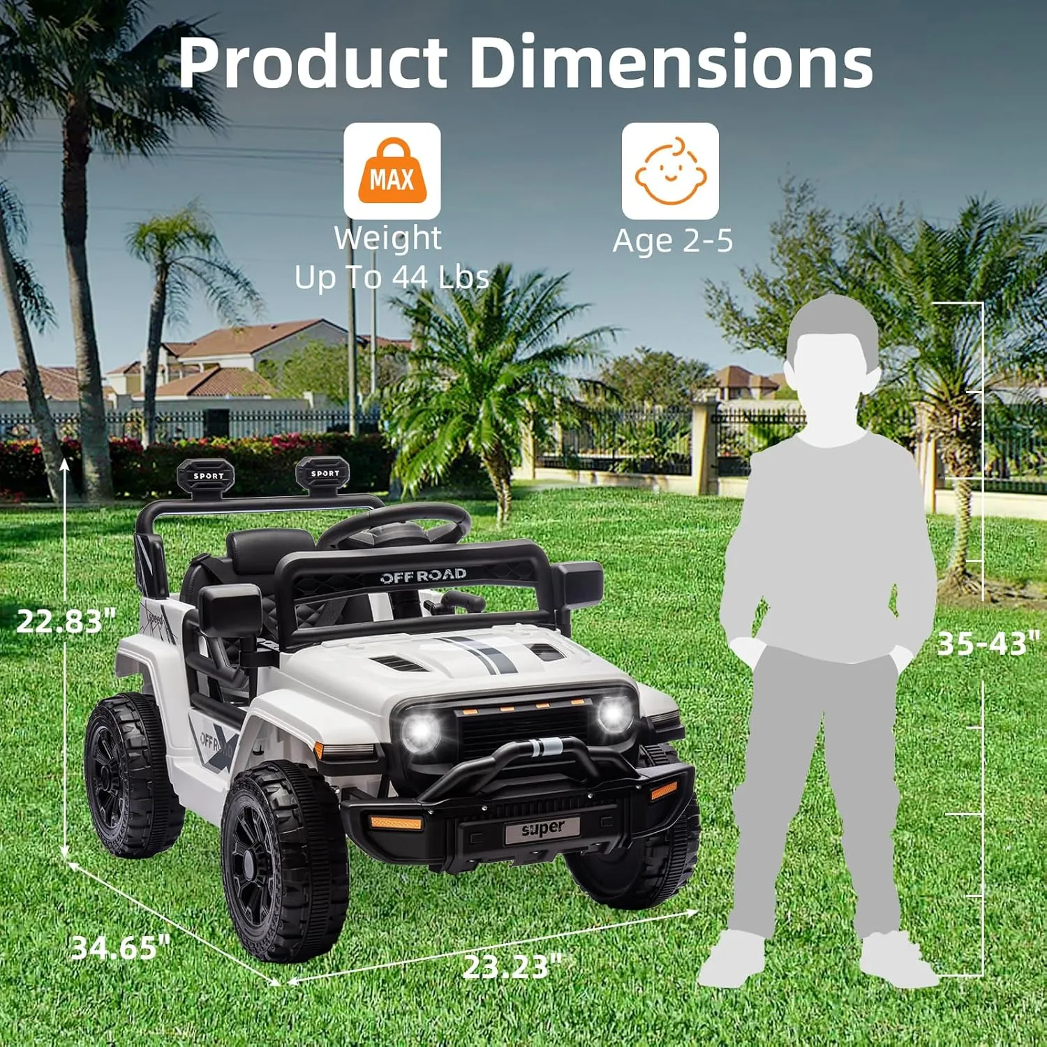 Ride On Truck for Kids, 12V Battery Powered Toy Car with Remote Control, Spring Suspension, LED Headlight and Music, Dual 25W Toddler Electric Vehicles for Girls Boys 3-5, White