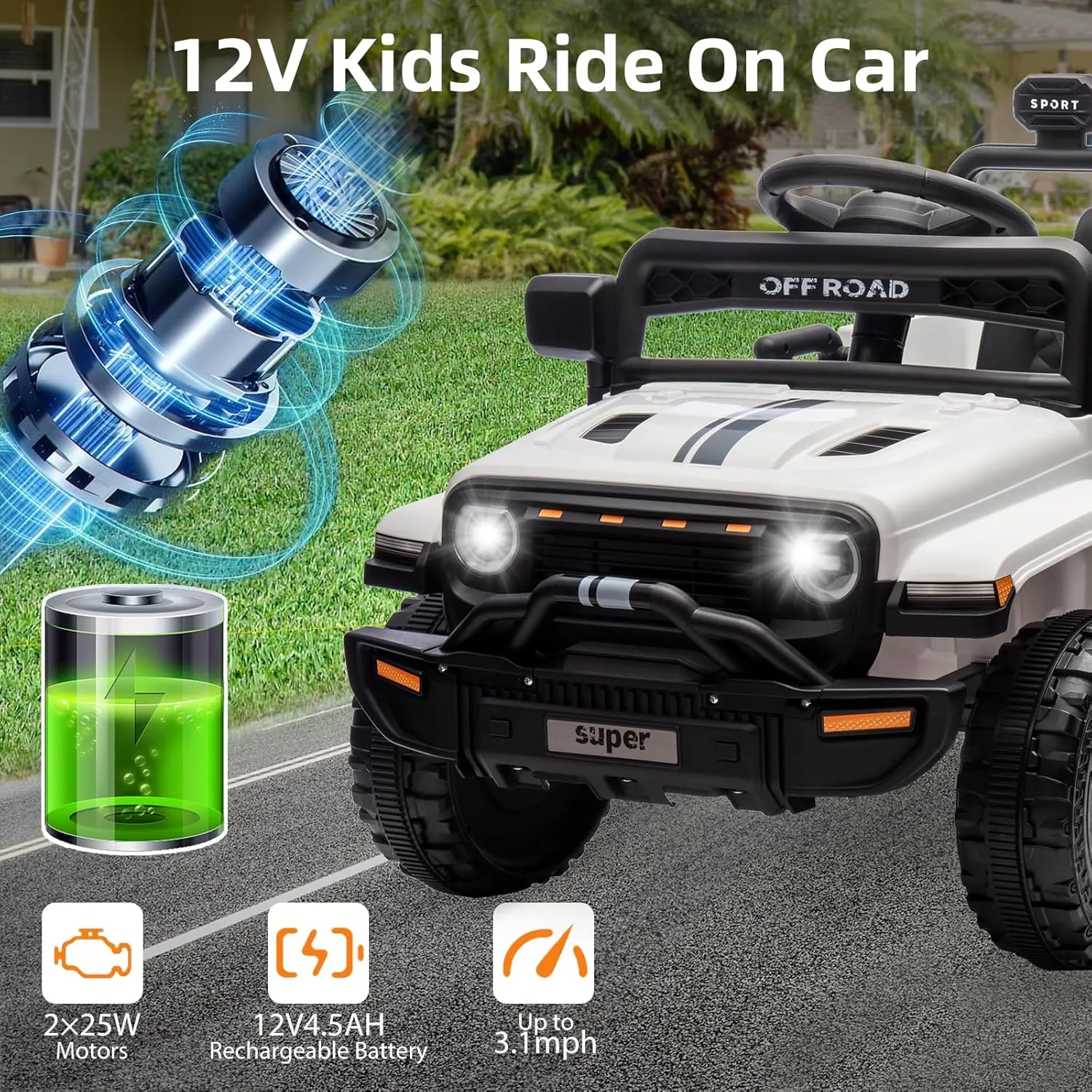 Ride On Truck for Kids, 12V Battery Powered Toy Car with Remote Control, Spring Suspension, LED Headlight and Music, Dual 25W Toddler Electric Vehicles for Girls Boys 3-5, White