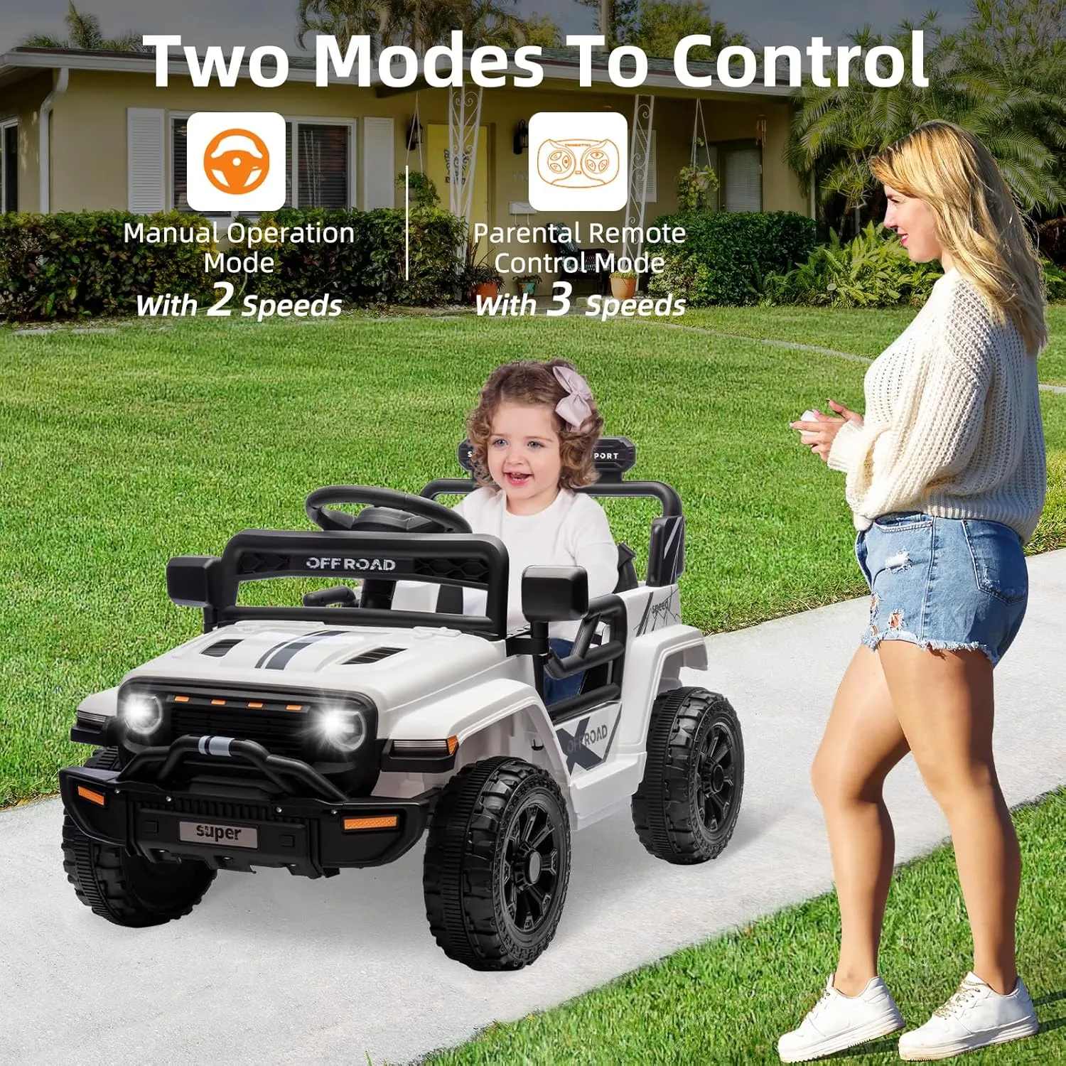 Ride On Truck for Kids, 12V Battery Powered Toy Car with Remote Control, Spring Suspension, LED Headlight and Music, Dual 25W Toddler Electric Vehicles for Girls Boys 3-5, White