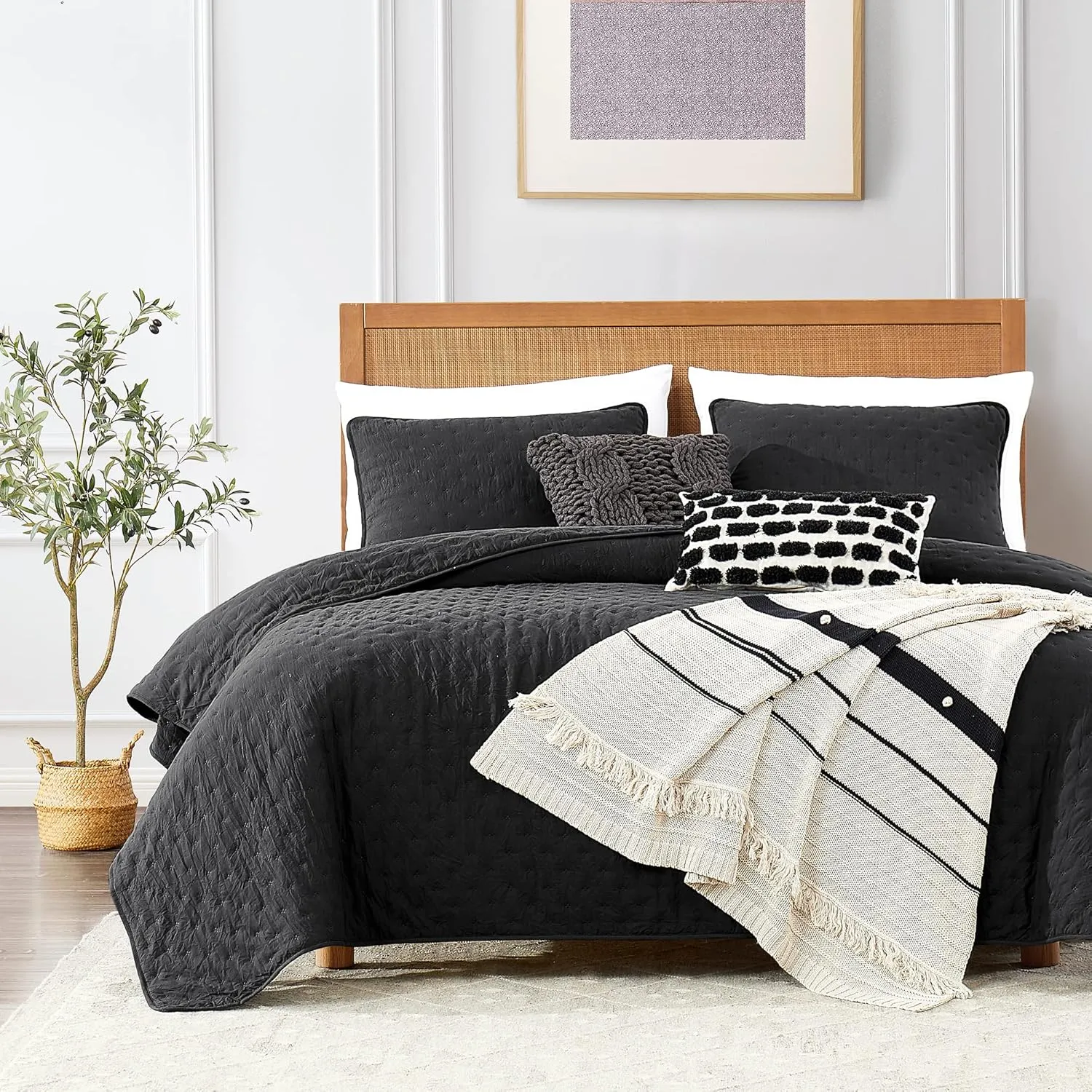 ROARINGWILD Black Twin Size Quilt Bedding Sets with Pillow Sham, Lightweight Soft Bedspread Coverlet, Quilted Blanket Thin Comforter Bed Cover, All Season, 2 Pieces, 68x90 inches