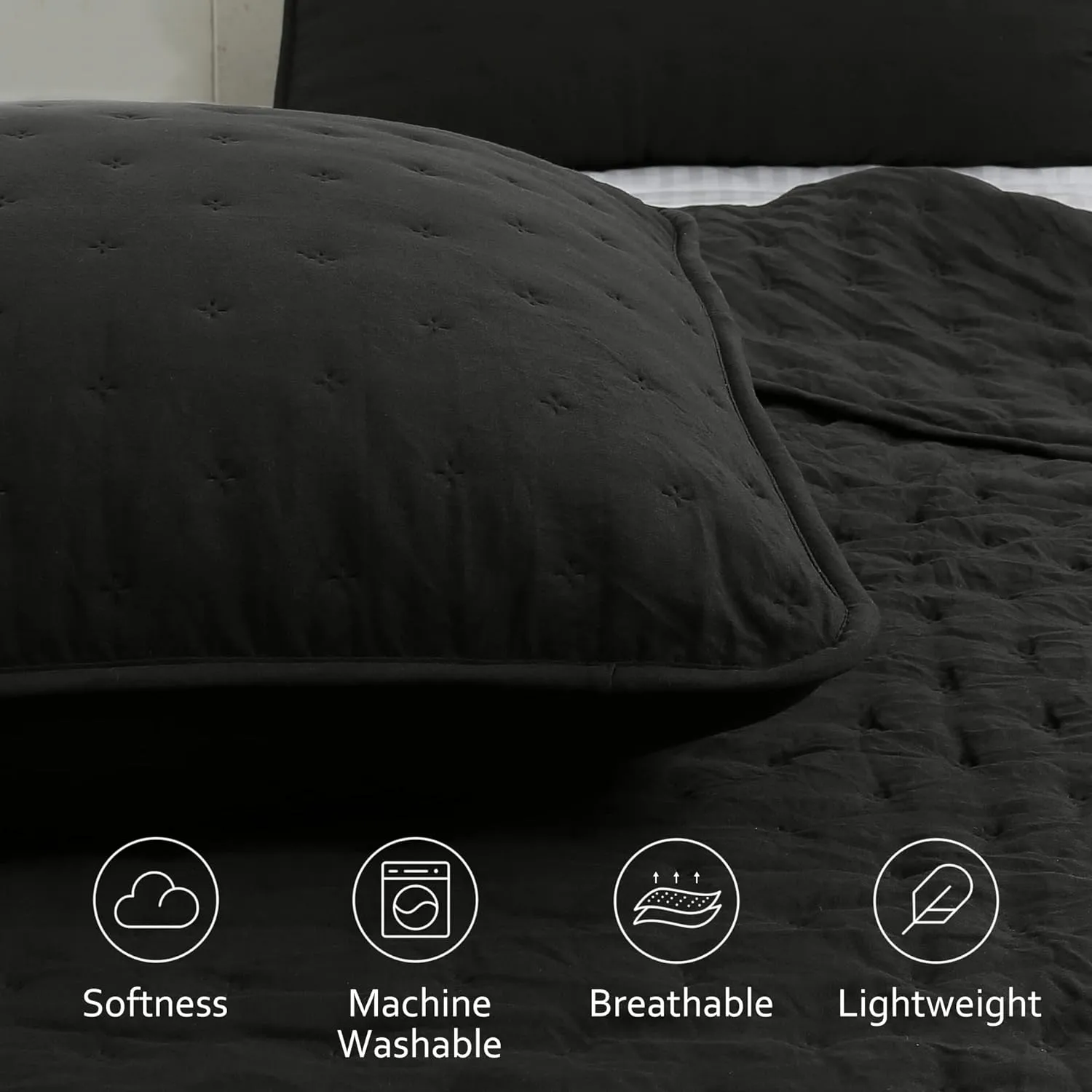 ROARINGWILD Black Twin Size Quilt Bedding Sets with Pillow Sham, Lightweight Soft Bedspread Coverlet, Quilted Blanket Thin Comforter Bed Cover, All Season, 2 Pieces, 68x90 inches