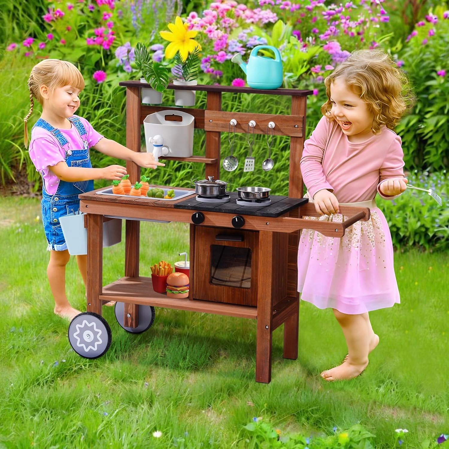 ROBUD Mud Kitchen for Kids Outdoor with Wheels, Wooden Outdoor Play Kitchen, Kids Mud Kitchen with Removable Sink & Faucet, Monteeori Toys for Children Ages 3  Years, WG403