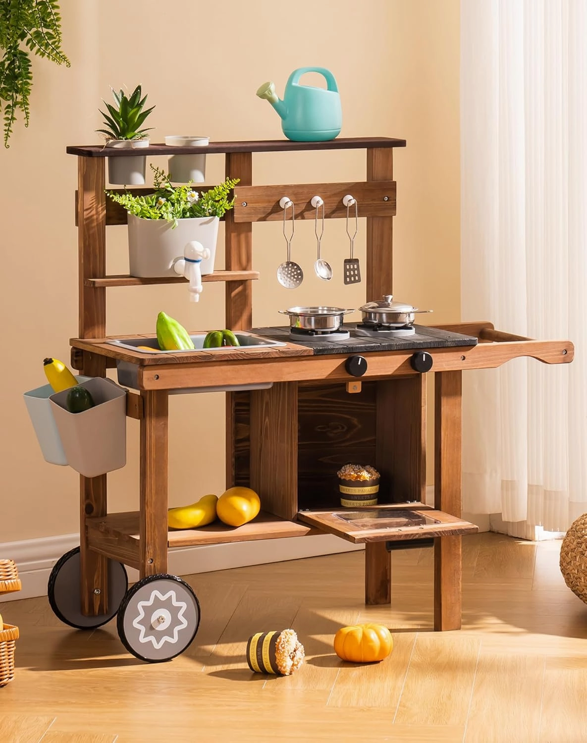 ROBUD Mud Kitchen for Kids Outdoor with Wheels, Wooden Outdoor Play Kitchen, Kids Mud Kitchen with Removable Sink & Faucet, Monteeori Toys for Children Ages 3  Years, WG403