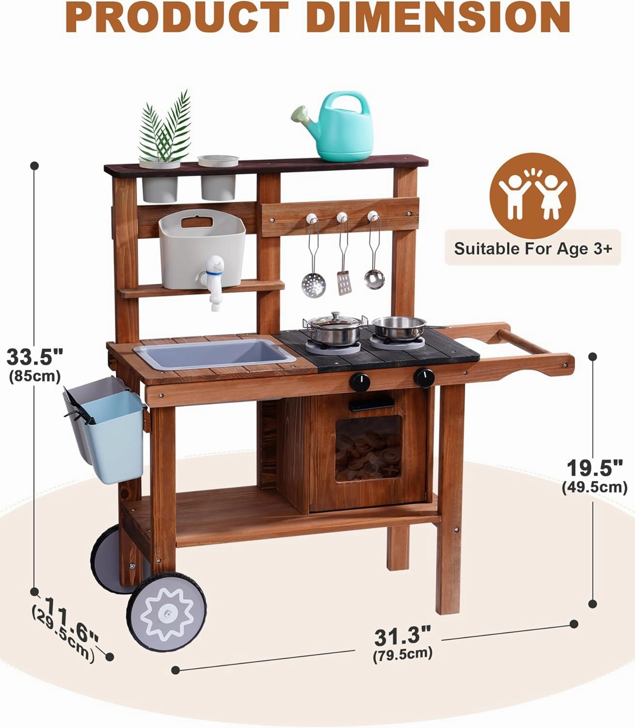 ROBUD Mud Kitchen for Kids Outdoor with Wheels, Wooden Outdoor Play Kitchen, Kids Mud Kitchen with Removable Sink & Faucet, Monteeori Toys for Children Ages 3  Years, WG403