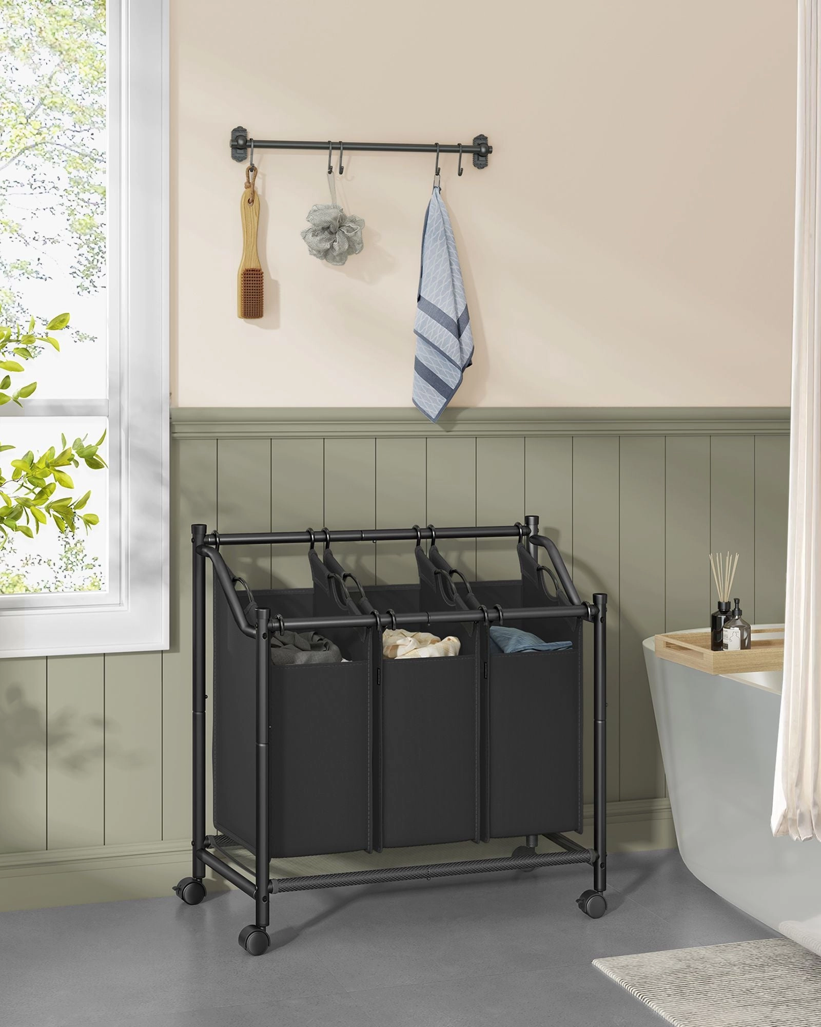 Rootz 4-Bag Laundry Sorter - Black Steel Tube - Polyester Fiber Bags - Nylon Roller - Heavy Duty - 87.5cm x 38.5cm x 67/81cm
