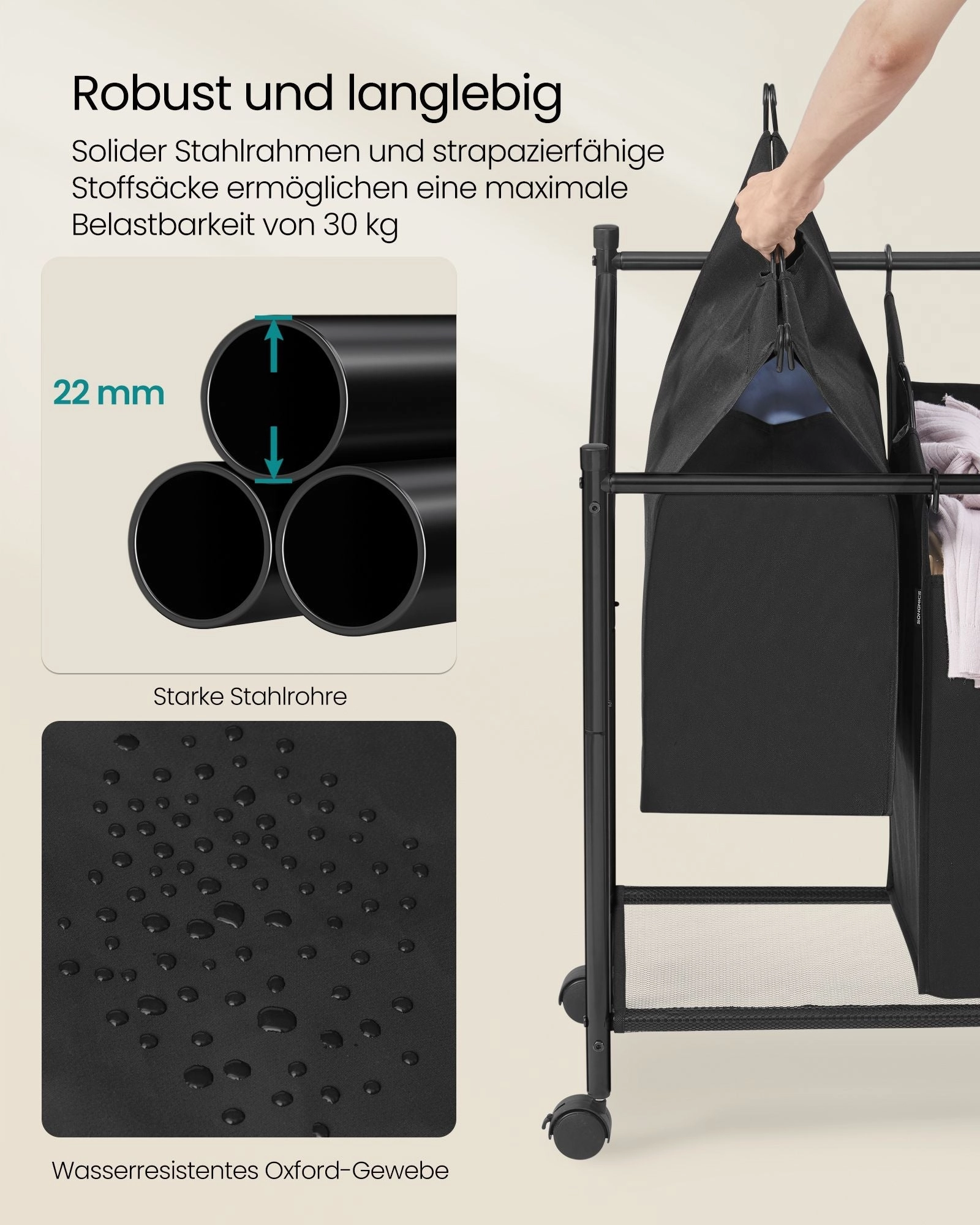 Rootz 4-Bag Laundry Sorter - Black Steel Tube - Polyester Fiber Bags - Nylon Roller - Heavy Duty - 87.5cm x 38.5cm x 67/81cm