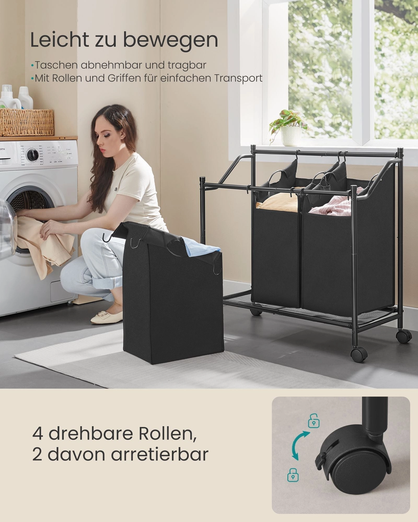 Rootz 4-Bag Laundry Sorter - Black Steel Tube - Polyester Fiber Bags - Nylon Roller - Heavy Duty - 87.5cm x 38.5cm x 67/81cm