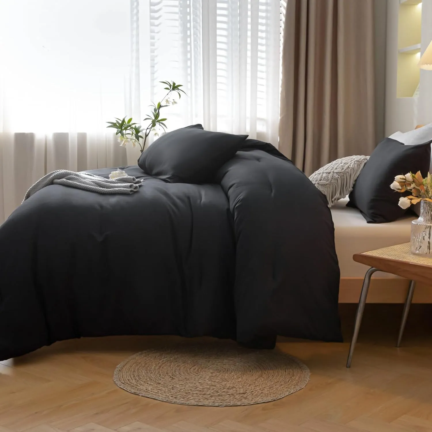 ROSGONIA Black Comforter Set Queen, 3pcs(1 Boho Black Comforter & 2 Pillowcases) All Season Bedding Lightweight Bedspread Blanket Quilt Bed Set