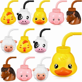 Roshtia 12 Sets Farm Animal Cups with Straws and Lids 11 oz Plastic Animal Themed Cute Pig Sheep Chicken Duck Horse Cow Straw Cups for Kids Birthday Farm Theme Party Favor Supplies