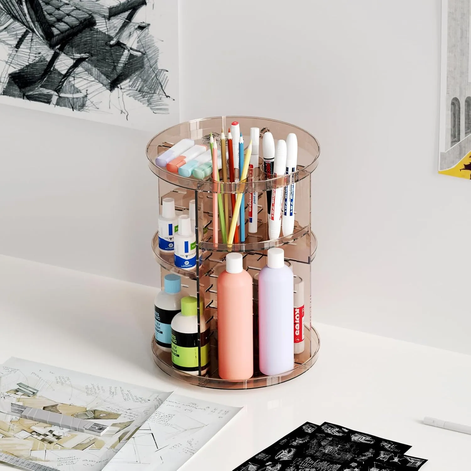 Rotating Makeup Organizer Countertop, DIY Adjustable Trays Spinning Skincare Organizers, Cosmetic Display Shelf with Perfume & Brush Holder, Multi-Function Desk Storage Carousel for Vanity Bathroom
