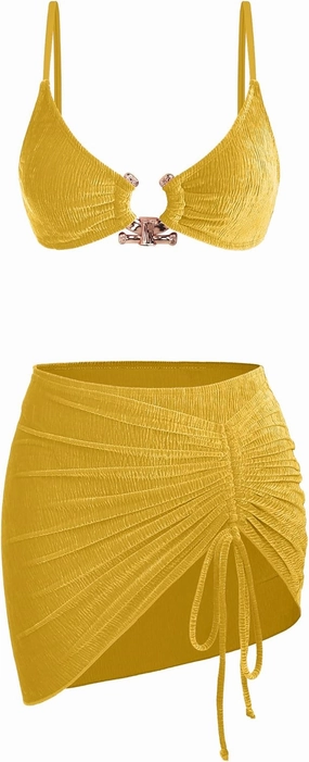 Ruched 3 Piece Swimsuits for Women Ribbed Velvet Bikini Sets with Sarong Coverup Metal Ring Bathing Suit