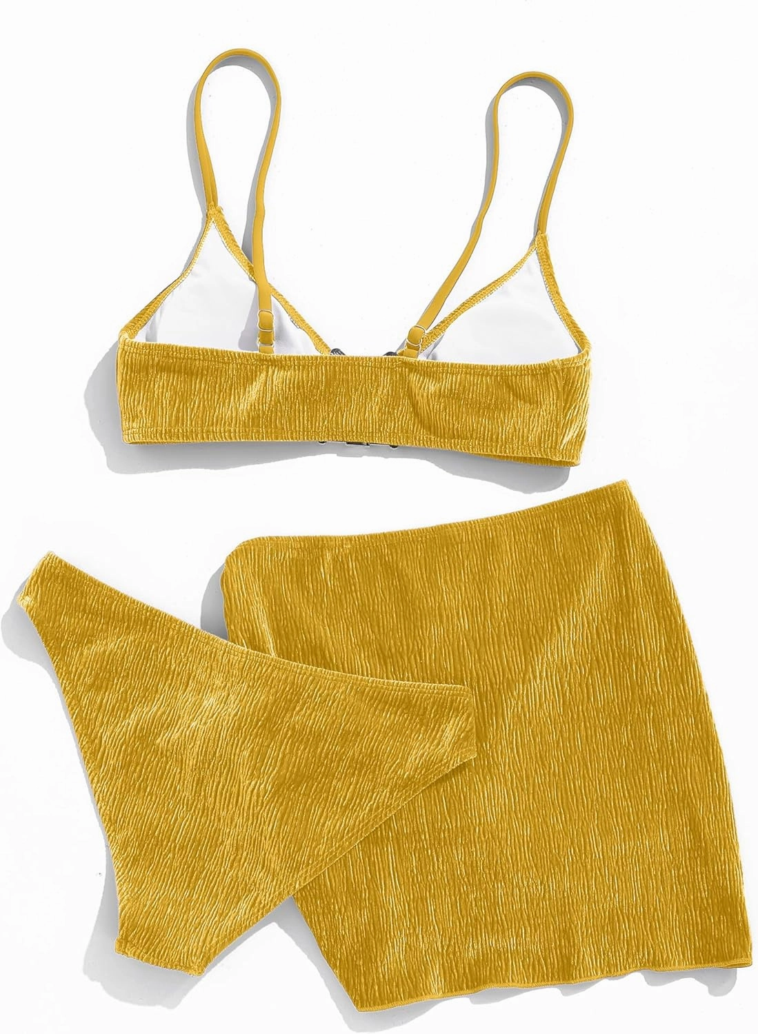 Ruched 3 Piece Swimsuits for Women Ribbed Velvet Bikini Sets with Sarong Coverup Metal Ring Bathing Suit