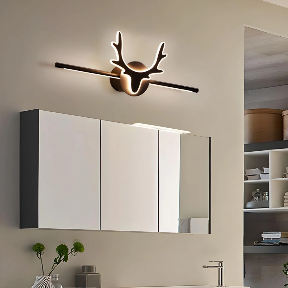 RUNNUP 3 Light Bathroom Vanity Light Fixture Black Wall Sconce Lighting Rustic Deer LED Farmhouse Light for Bathroom Dressing Table, 16" Third Gear Dimming