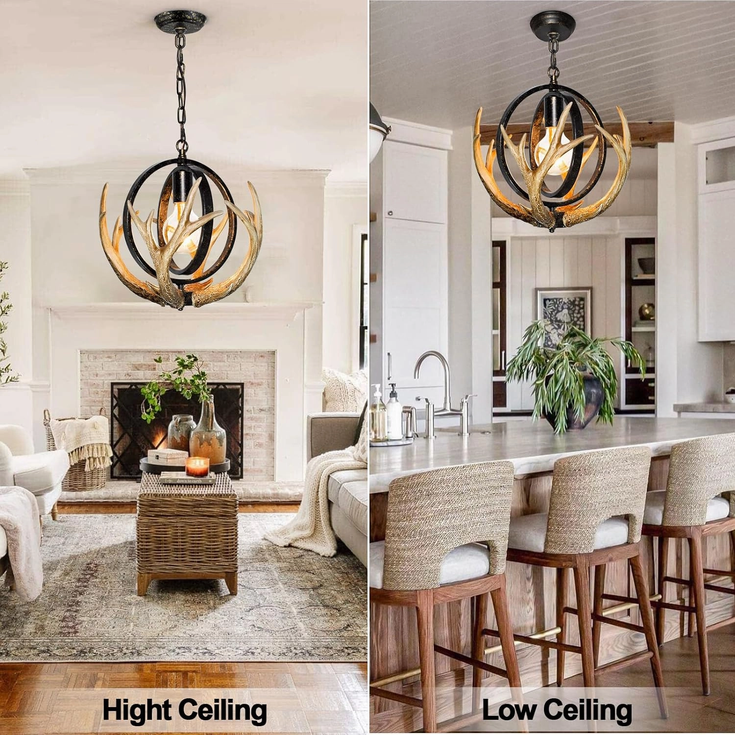 Rustic Antler Chandelier, 14" Farmhouse Chandelier with Resin 4 Antlers and Retro Metal Globe Chandelier Vintage Style for Dining Room, Kitchen, Hallway, Pendant Lights