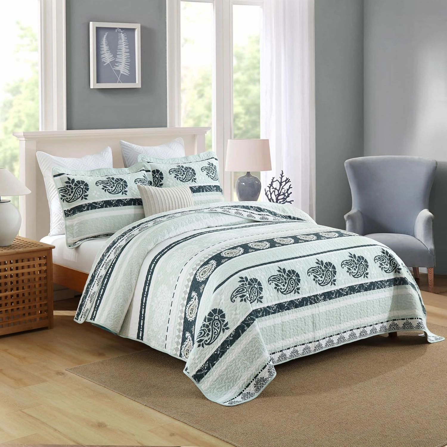 Sage Green Comforter King, Cotton King Quilt Bedding Set, Striped Pattern Bed Set, Sage Green Quilt King, Lightweight Reversible Coverlet All Season