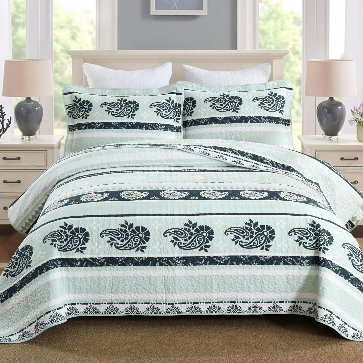 Sage Green Comforter King, Cotton King Quilt Bedding Set, Striped Pattern Bed Set, Sage Green Quilt King, Lightweight Reversible Coverlet All Season