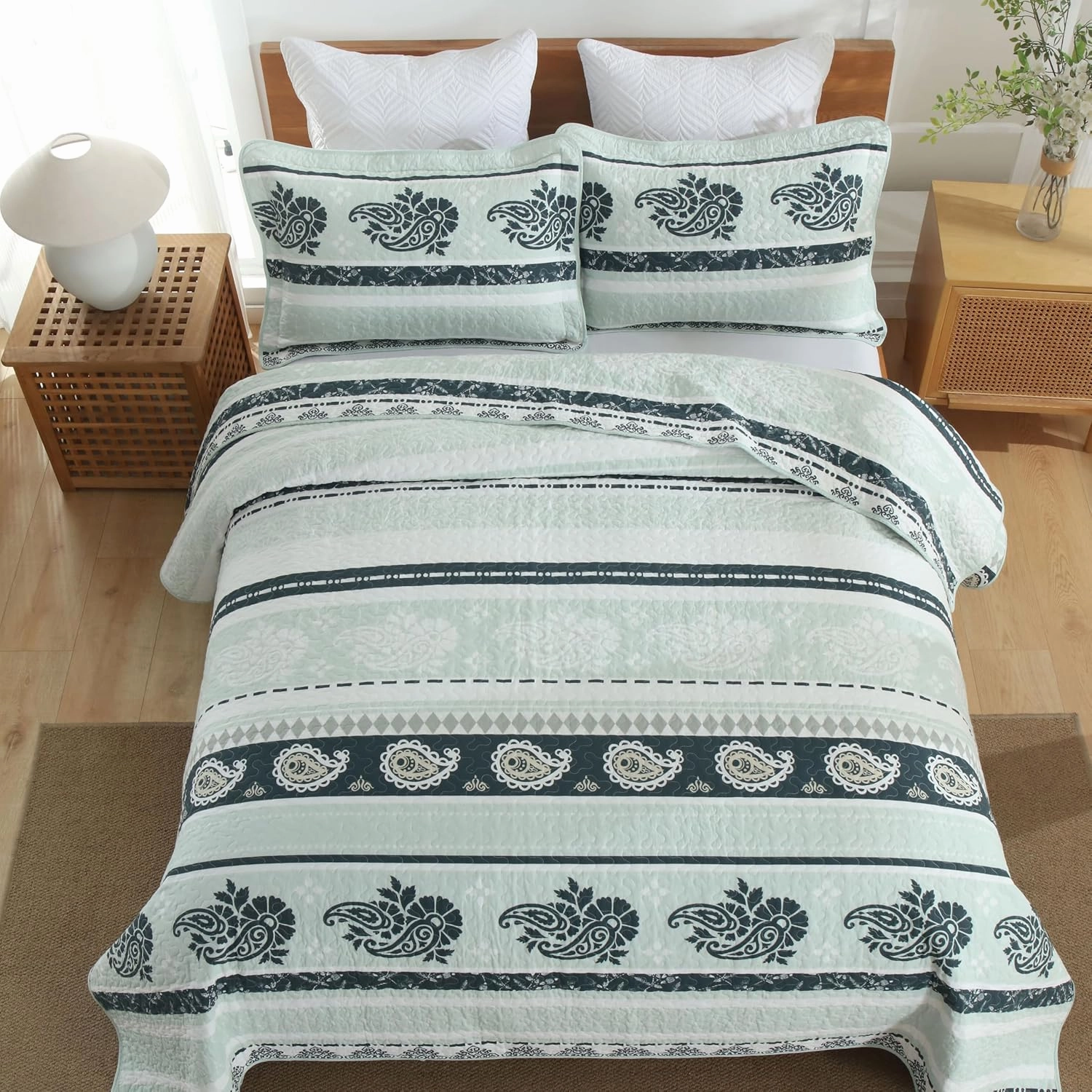 Sage Green Comforter King, Cotton King Quilt Bedding Set, Striped Pattern Bed Set, Sage Green Quilt King, Lightweight Reversible Coverlet All Season
