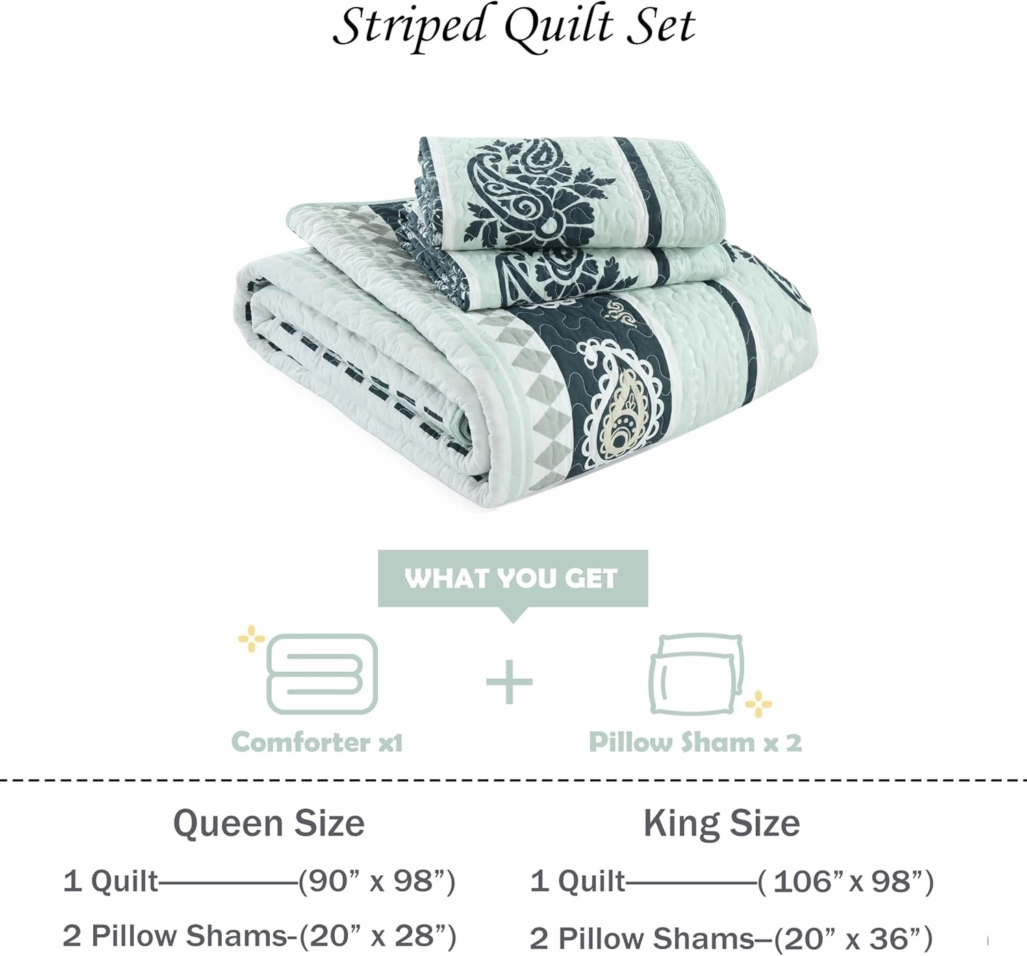 Sage Green Comforter King, Cotton King Quilt Bedding Set, Striped Pattern Bed Set, Sage Green Quilt King, Lightweight Reversible Coverlet All Season