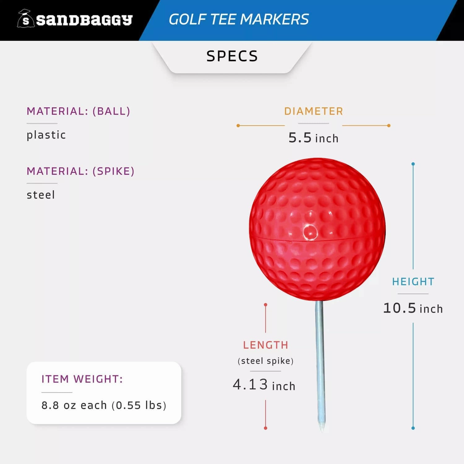 Sandbaggy Plastic Tee Markers for Golf Course (UV Resistant) - Steel Spike - Safety Caps Included