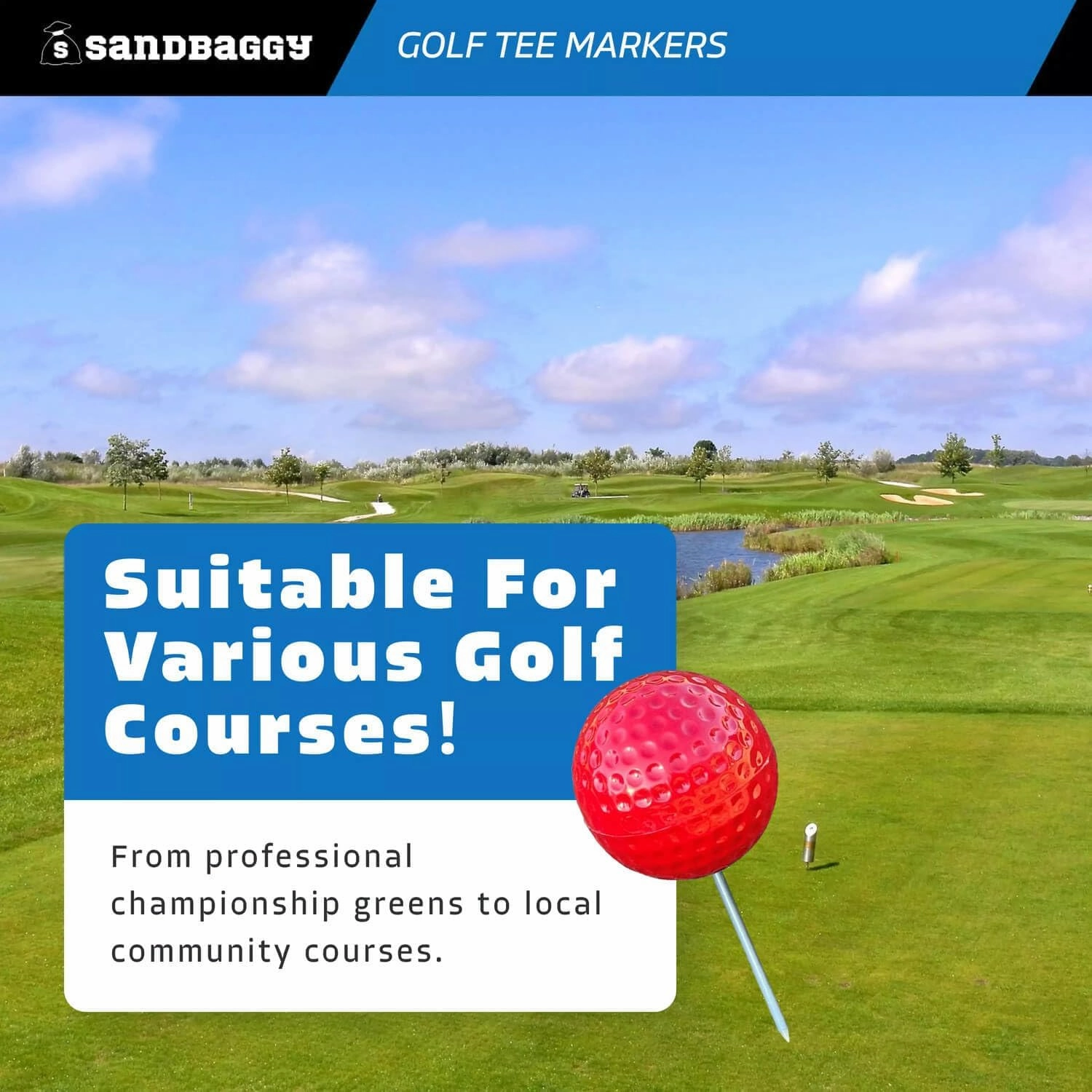 Sandbaggy Plastic Tee Markers for Golf Course (UV Resistant) - Steel Spike - Safety Caps Included