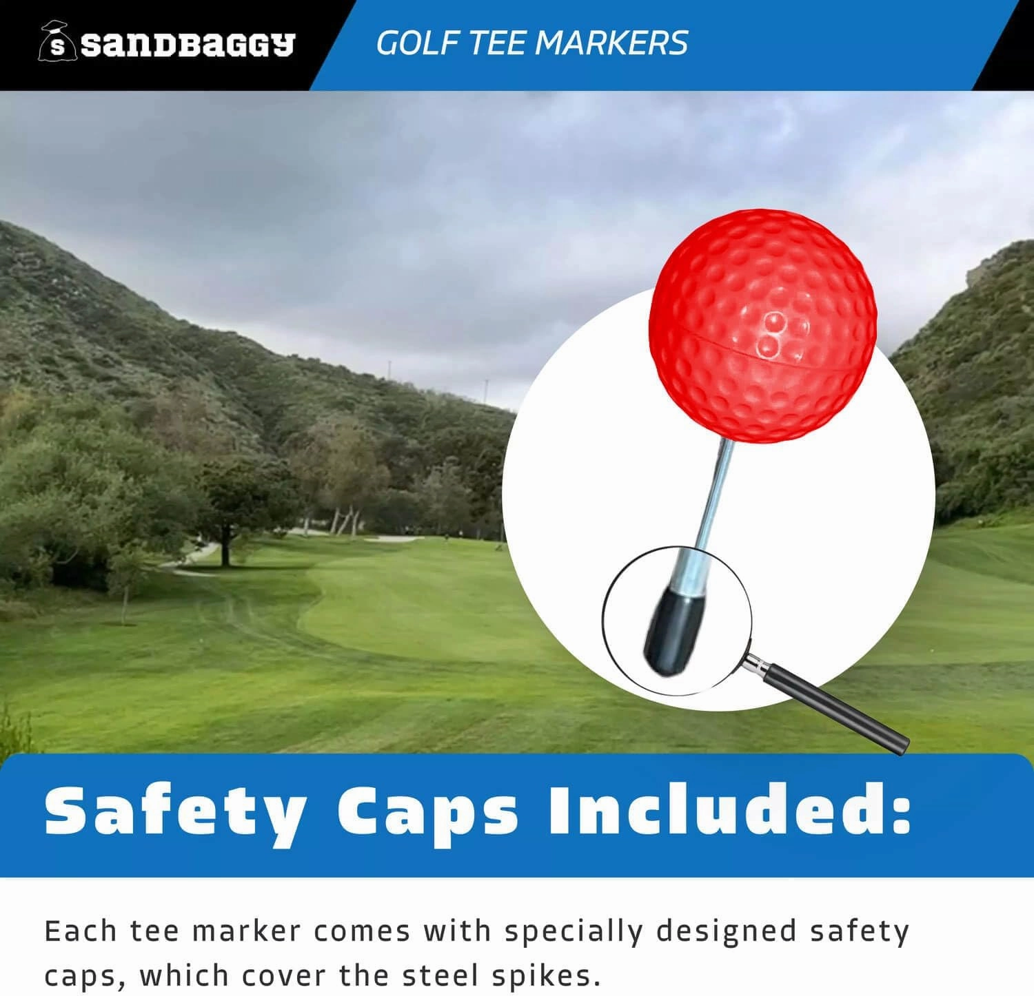 Sandbaggy Plastic Tee Markers for Golf Course (UV Resistant) - Steel Spike - Safety Caps Included