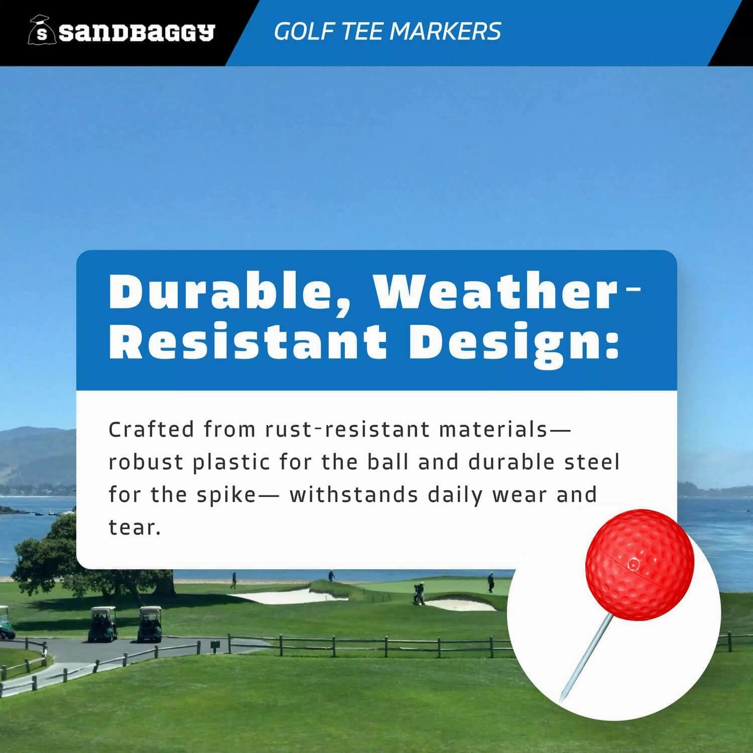 Sandbaggy Plastic Tee Markers for Golf Course (UV Resistant) - Steel Spike - Safety Caps Included