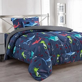 Sapphire Home 6 Piece Shark Twin Bedding Set for Boys, Bed in a Bag, Kids Comforter Set with Bed Sheets, Pillow Case, Toy Pillow, Toddler Bedroom Kit, Ocean Themed Room Decor for Boys, Twin Size