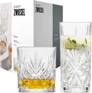 Schott Zwiesel Show Glasses Set of 8, 4 Graceful Long Drink Glasses and Whisky Glasses with Relief Dishwasher Safe Crystal Glasses (Item No. 121881), Crystal