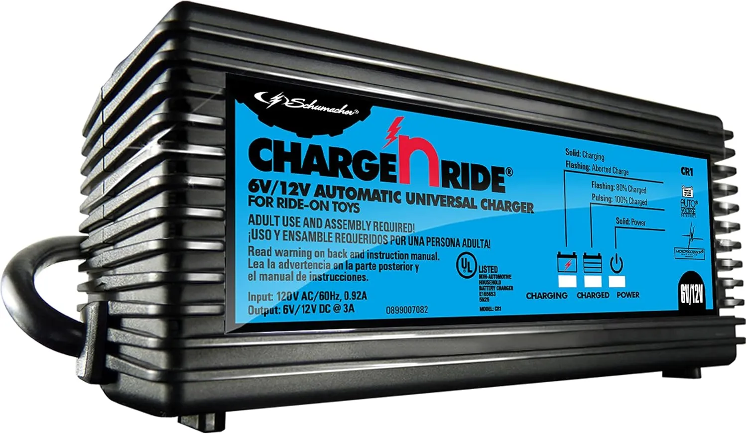 Schumacher Electric Charge 'n Ride Universal Battery Charger and Maintainer for Ride-on Toys, CR1, 2-in-1, Fully Automatic, 3 Amps, 6 Volt, 12 Volt, Use with MotionTrendz, Power Wheels, and Peg Pergo