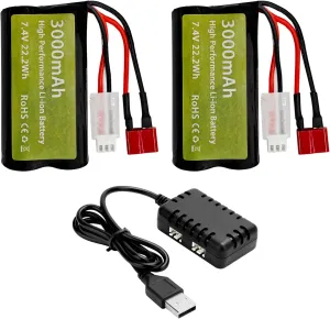 sea jump 2PCS 7.4V 3000mah 15C 2S Li-ion Battery with T-Type Plug and 2in1 Charger for WLtoys 12423 MJX 14301 14302 14303 H16PL High-Speed RC Cars 1/10 1/12 1/16 Ratio RC Car Trucks RC Ship