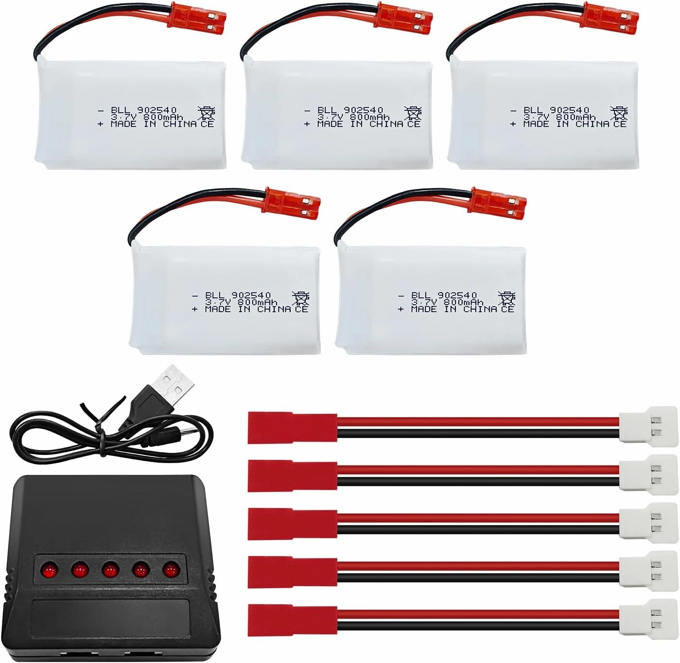 sea jump 5PCS 3.7V 800mAh Lipo Battery Remote Control Drone Battery with 5in1 Charger JST Plug Suitable for SYMA X56W MJX X400W X300C X800 HS110 HS200 S670 V950hd S1750 V2450 RC Quadcopter Battery