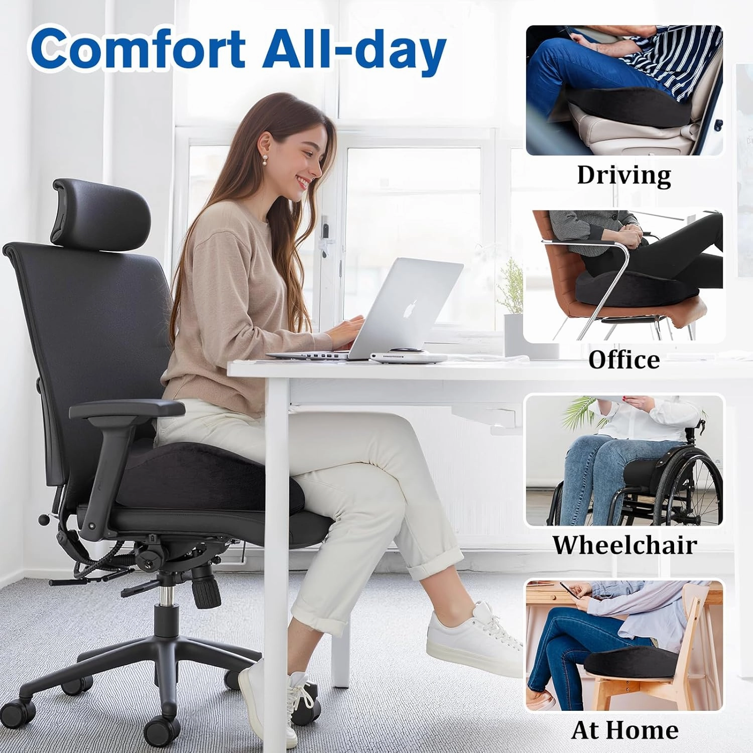 Seat Cushion, Gel Chair Cushions, Office Chair Cushions, Anti-Slip Bottom & Removable Cover Tailbone Pain Relief Cushion, Memory Foam Seat Cushion, 5.28 in Thick (Black)