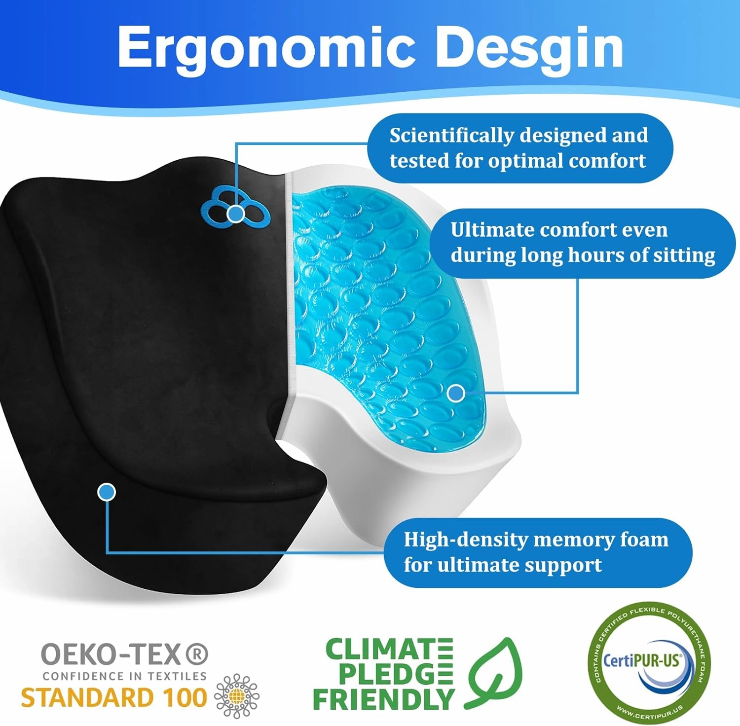 Seat Cushion, Gel Chair Cushions, Office Chair Cushions, Anti-Slip Bottom & Removable Cover Tailbone Pain Relief Cushion, Memory Foam Seat Cushion, 5.28 in Thick (Black)