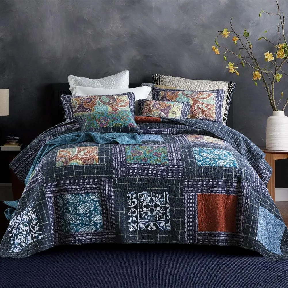 Secgo Twin Size Quilt Size - 100% Cotton Comforter Set Bedding Sets (68 * 86 Inch) with 2 Pillow Shams, Patchwork Reversible Lightweight Bedspread