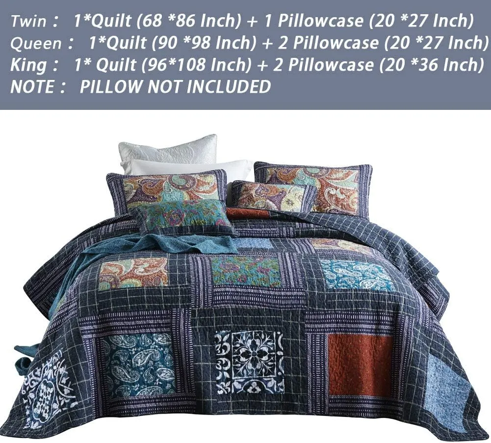 Secgo Twin Size Quilt Size - 100% Cotton Comforter Set Bedding Sets (68 * 86 Inch) with 2 Pillow Shams, Patchwork Reversible Lightweight Bedspread