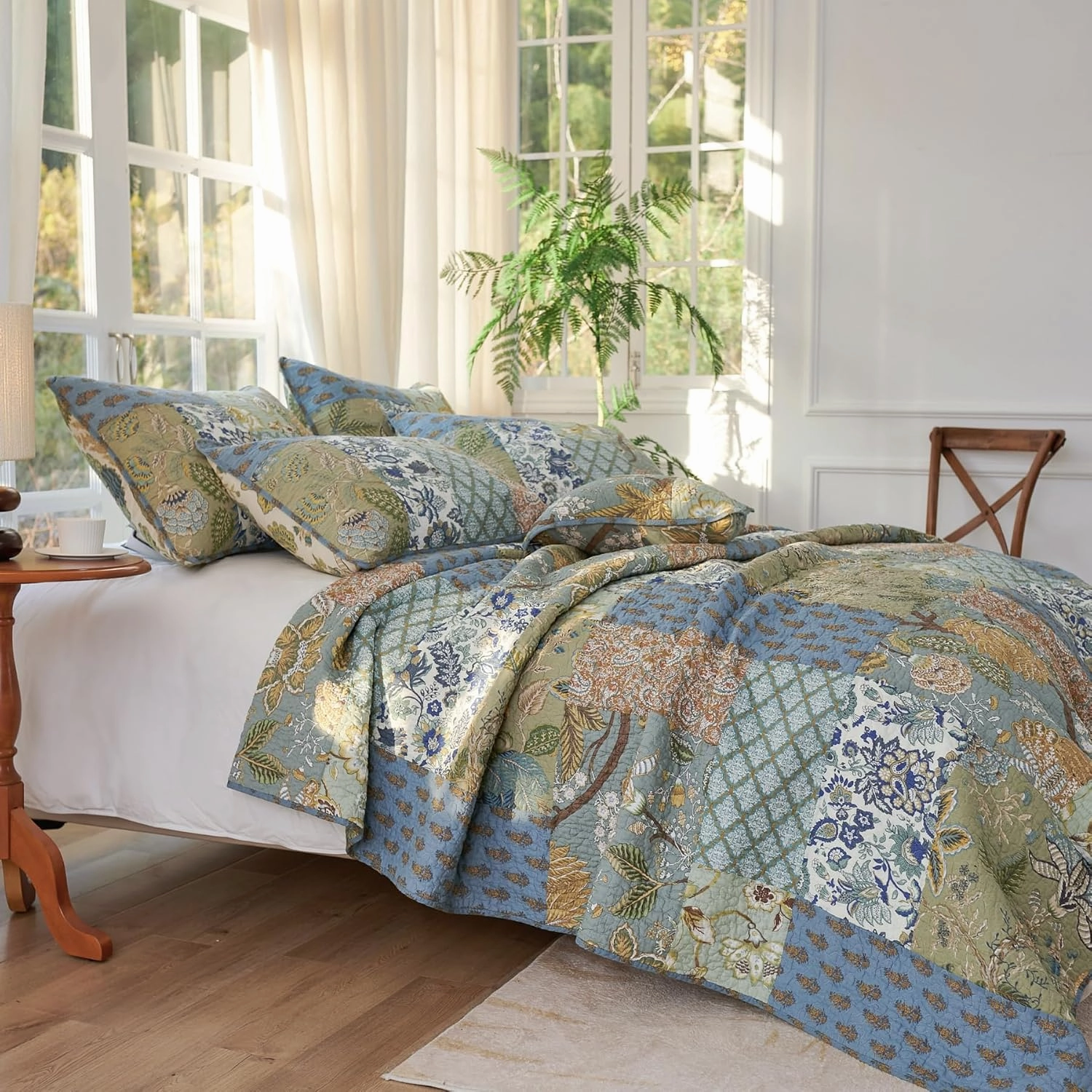 Secgo Queen Comforter Set for Bed - 100% Cotton Quilts Queen Size, Green, Sage Bedspreads (90 * 98 Inch) with 2 Pillow Shams, Patchwork Reversible Lightweight Bedding