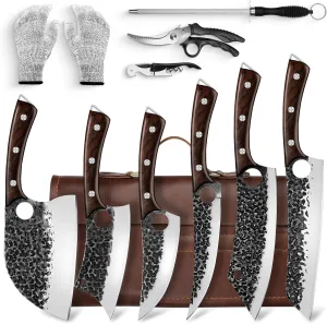 Serbian Chef Knife Set, Hand Forged with Bag, Full Tang Kitchen Set with High Carbon Steel, Meat Cleaver Butcher Boning Knife for Brisket Trimming, Gift for Men Women