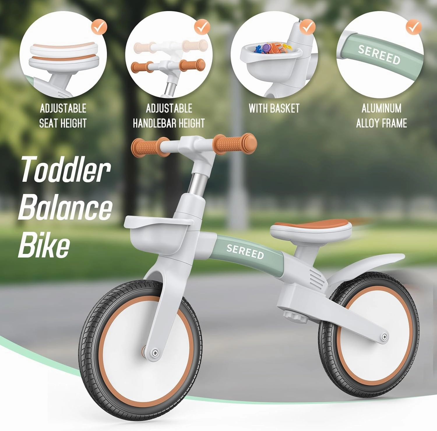 SEREED Toddler Balance Bike 2.5 Year Old, 12 Inch Adjustable Kids Bike Toy with Basket, Birthday Gift for Age 3 4 5 Boys Girls, Tool-Free Assembly, No Pedal (Green)