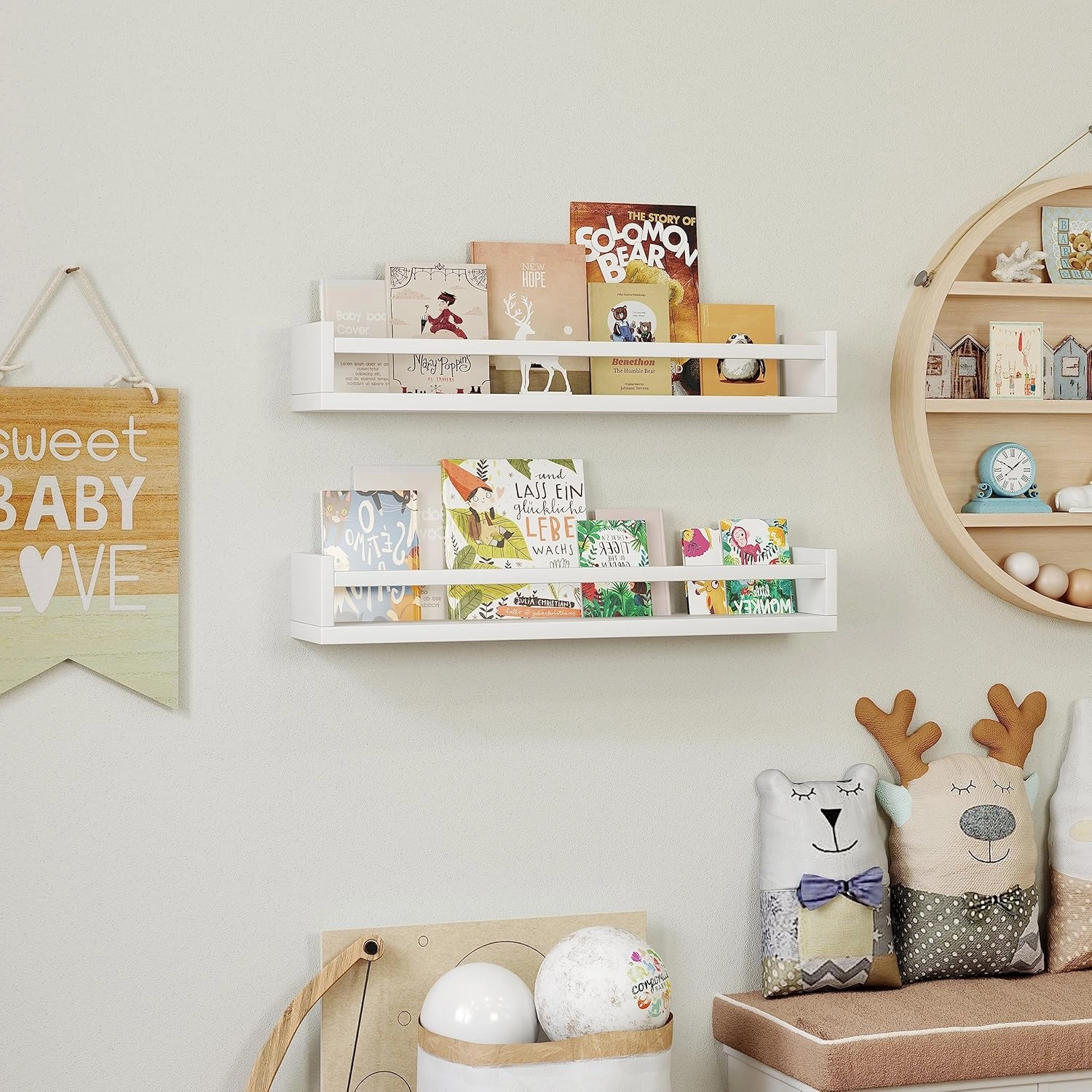Set of 4 Wall-Mounted Kid's Bookshelf - White Floating Nursery Book Shelves - Durable Wood Construction - Ideal for Nursery Decor, Kids Room, Toy Storage