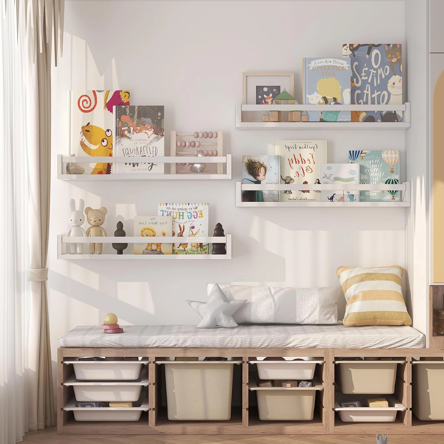 Set of 4 Wall-Mounted Kid's Bookshelf - White Floating Nursery Book Shelves - Durable Wood Construction - Ideal for Nursery Decor, Kids Room, Toy Storage