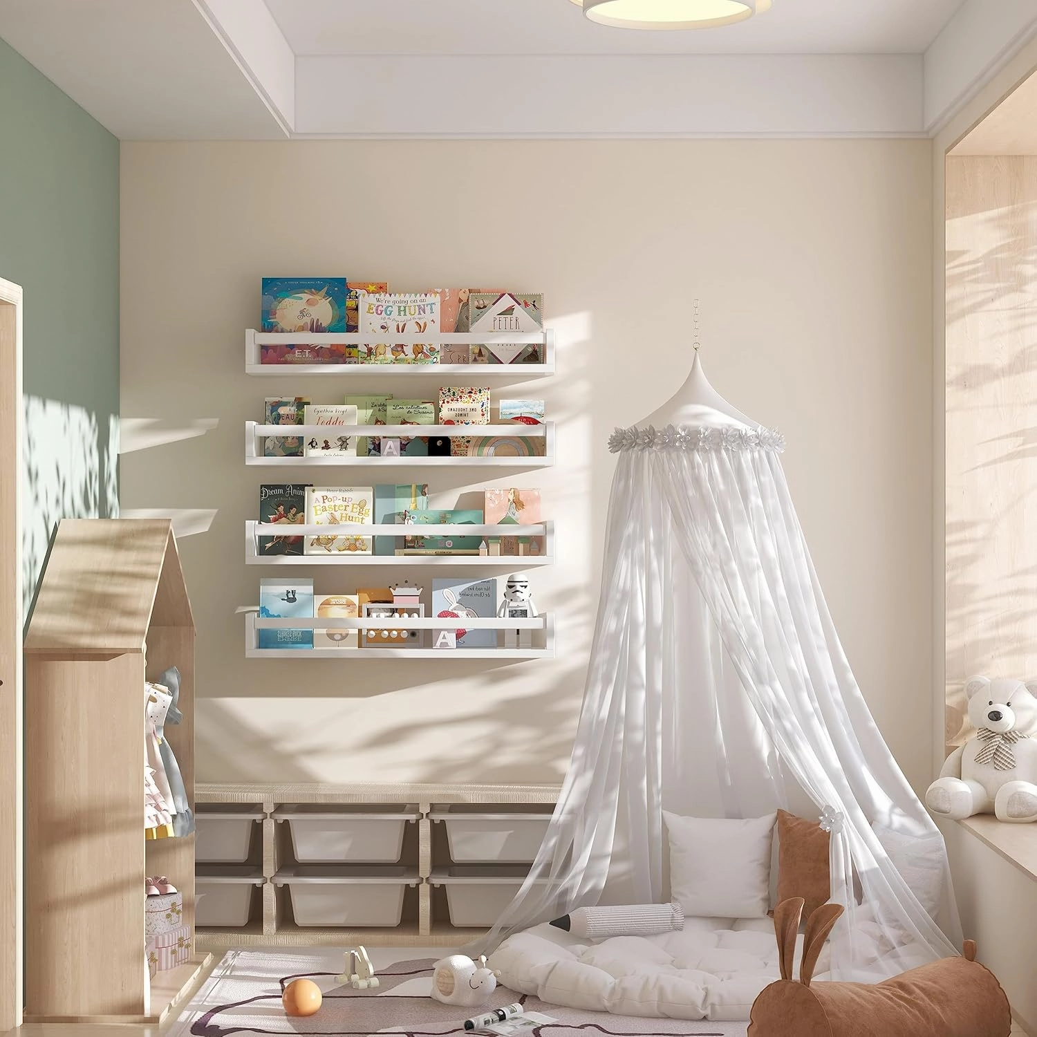 Set of 4 Wall-Mounted Kid's Bookshelf - White Floating Nursery Book Shelves - Durable Wood Construction - Ideal for Nursery Decor, Kids Room, Toy Storage